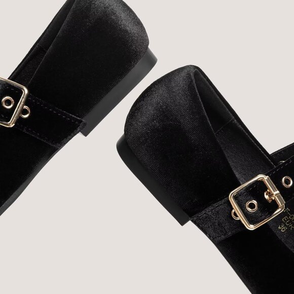 Women Velvet Black Polyurethane (PU) Closed Toe Strap Buckle Ballerina Flats - Picture 3 of 8